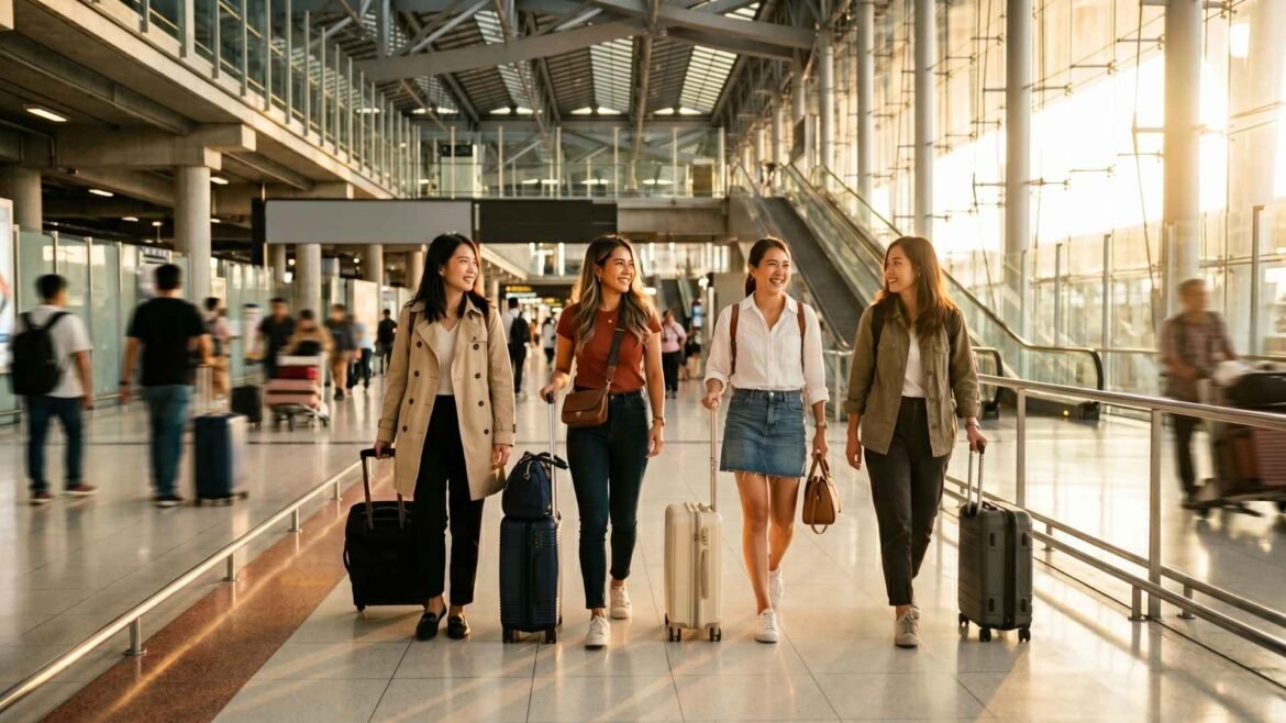 Bangkok Airport Arrival Guide: Group of female travelers walking through Bangkok Airport with luggage after arrival