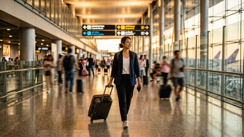 Traveler walking through Bangkok Airport terminal with suitcase after landing heading to immigration