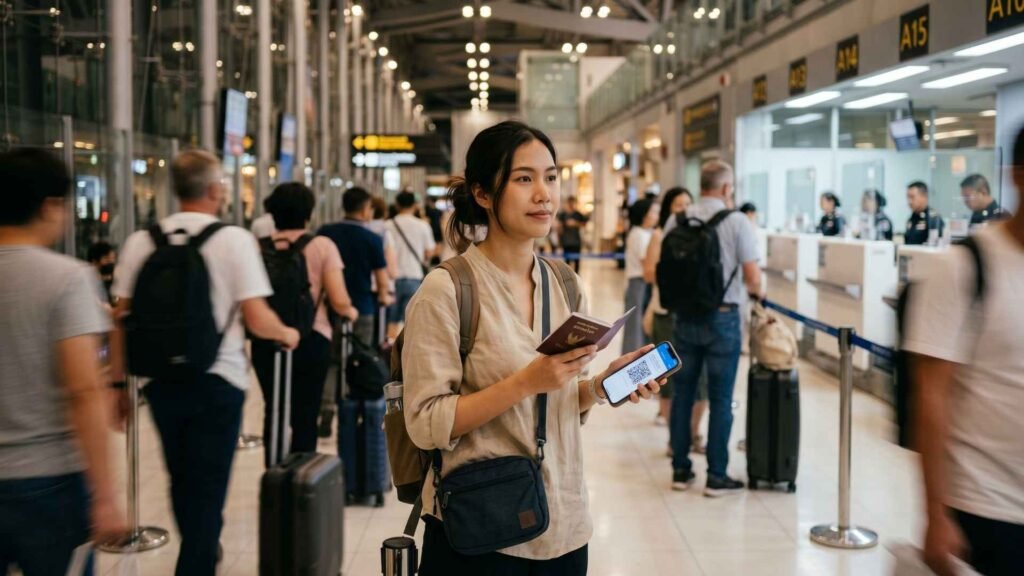 Traveler holding passport and QR code at immigration line in Bangkok Airport