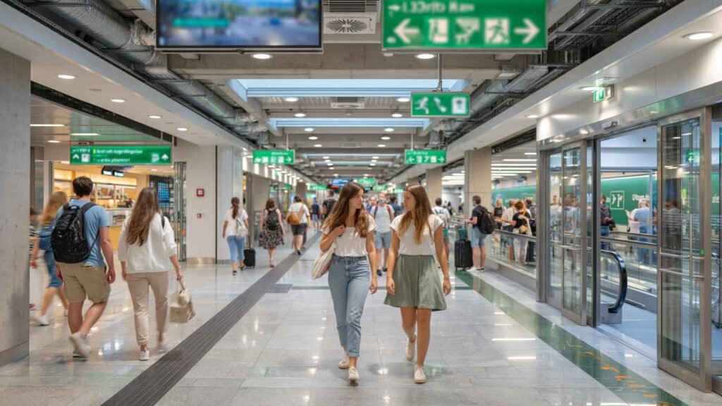 Barcelona Airport arrival corridor with travelers walking and overhead directional signs guiding passengers after landing