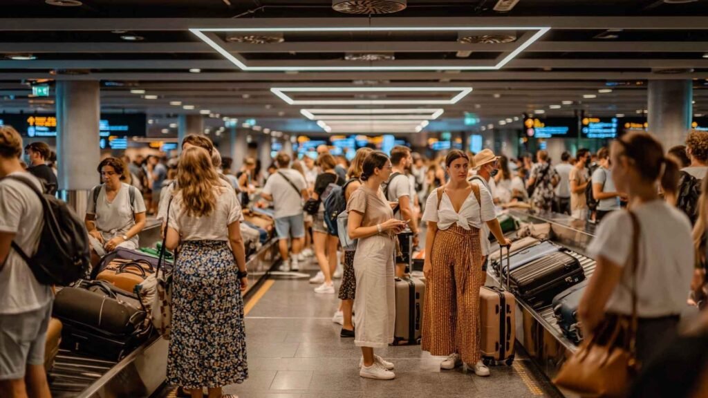 Barcelona Airport arrival hall with travelers walking through a bright modern terminal