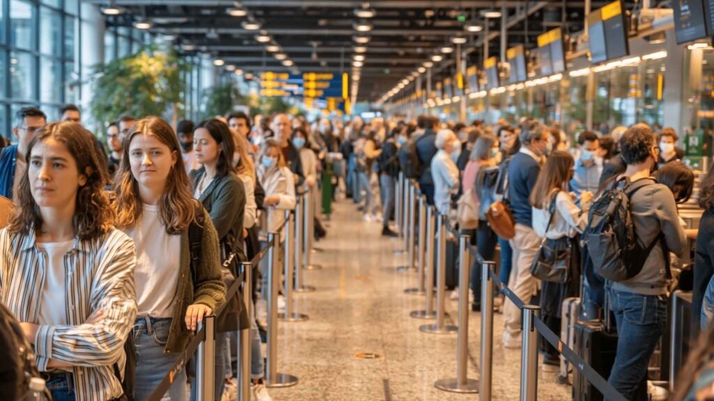 Barcelona Airport Arrival Guide passport control queue with travelers waiting at immigration