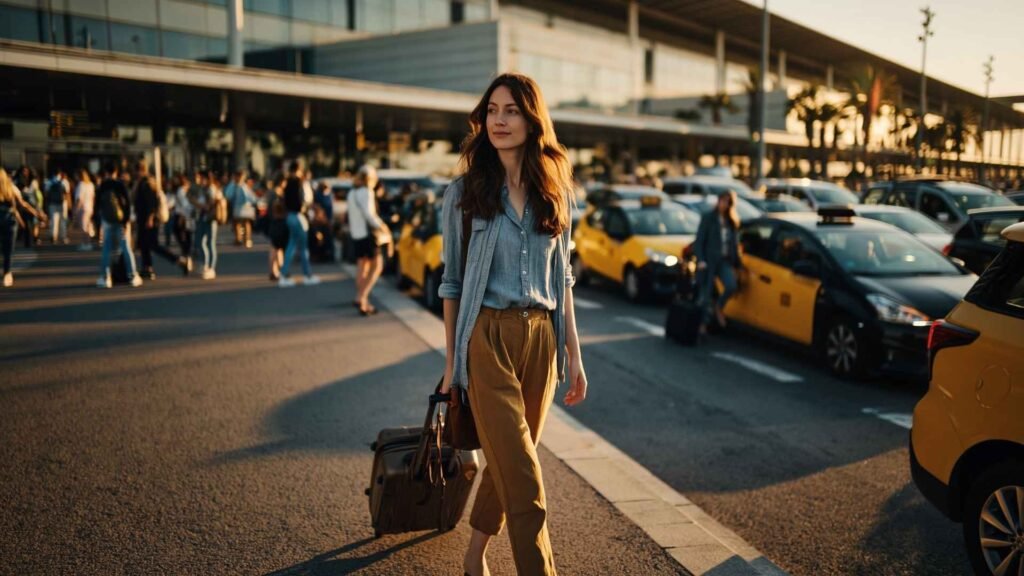 Barcelona Airport taxi pickup area with a female traveler walking with suitcase toward taxis after landing
