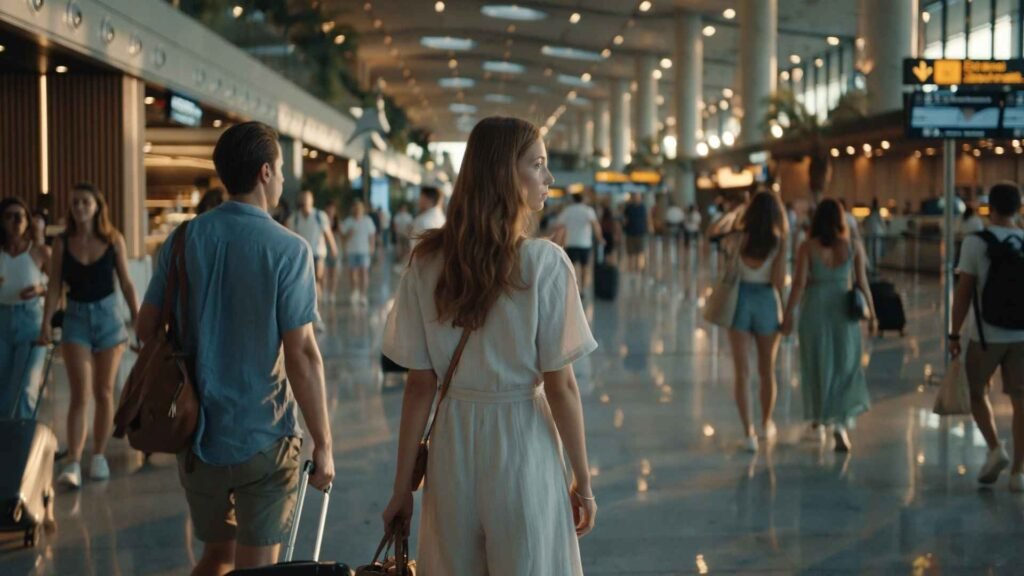 travelers walking through Barcelona Airport terminal after landing