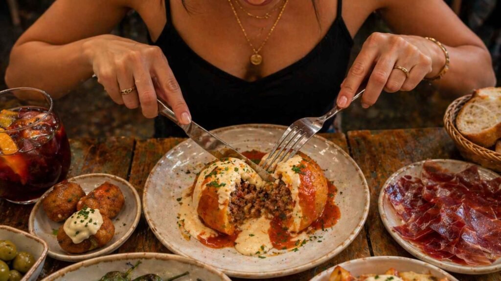 Close-up of Barcelona bombas tapas being cut open, showing meat filling with aioli and brava sauce on a rustic table