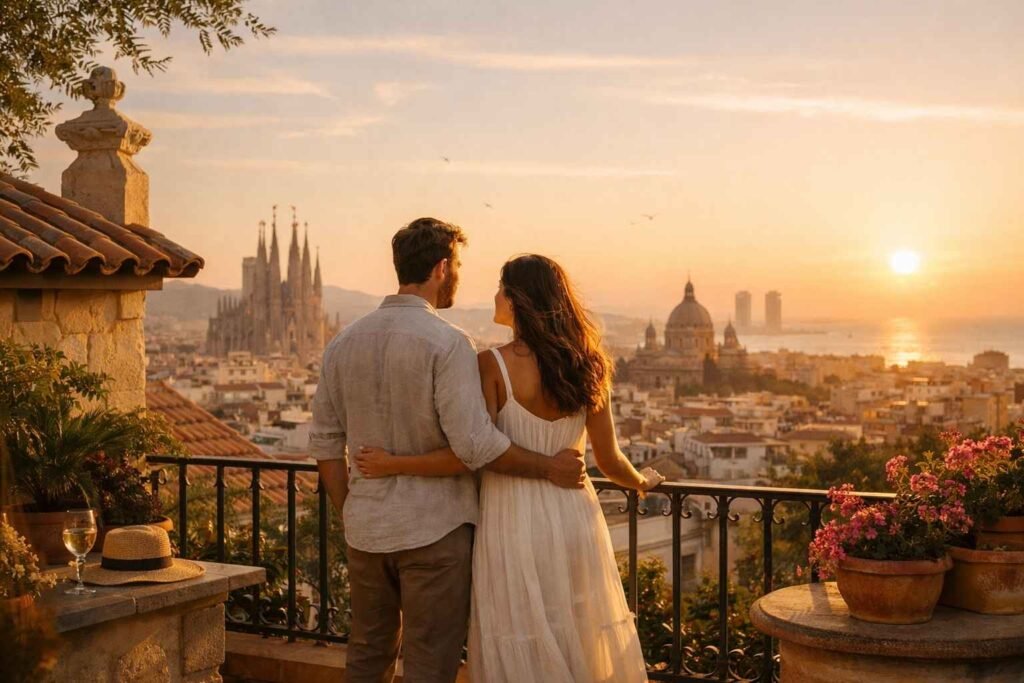 Is Spain good for digital nomads in 2026 Barcelona terrace lifestyle sunset skyline view