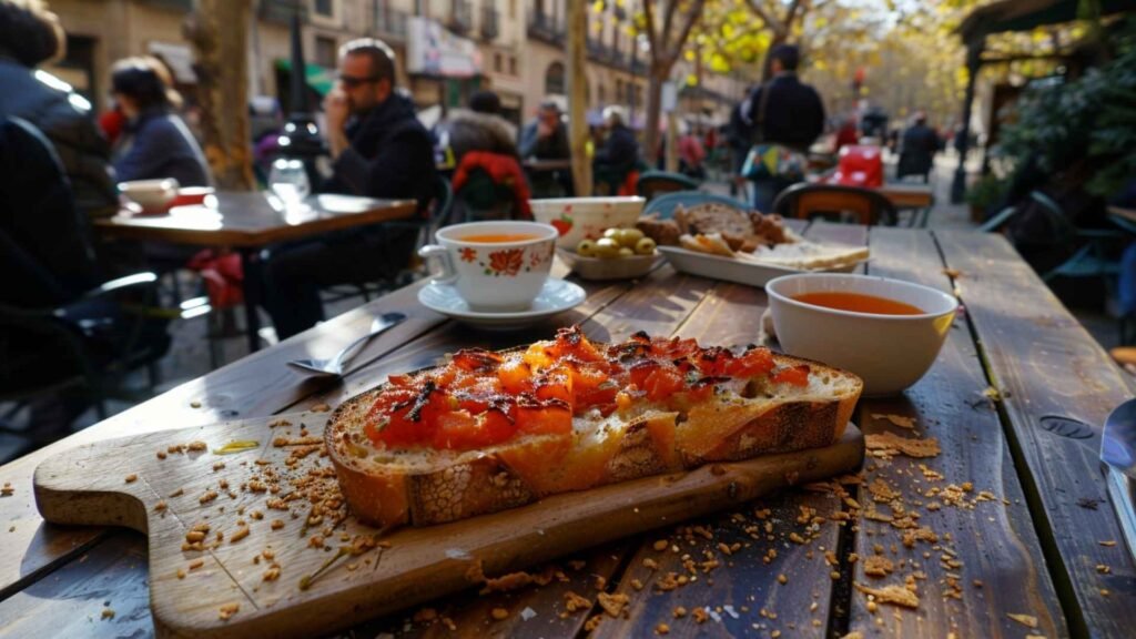Pa amb tomàquet served on rustic bread at an outdoor café table in Barcelona with natural daylight and street atmosphere