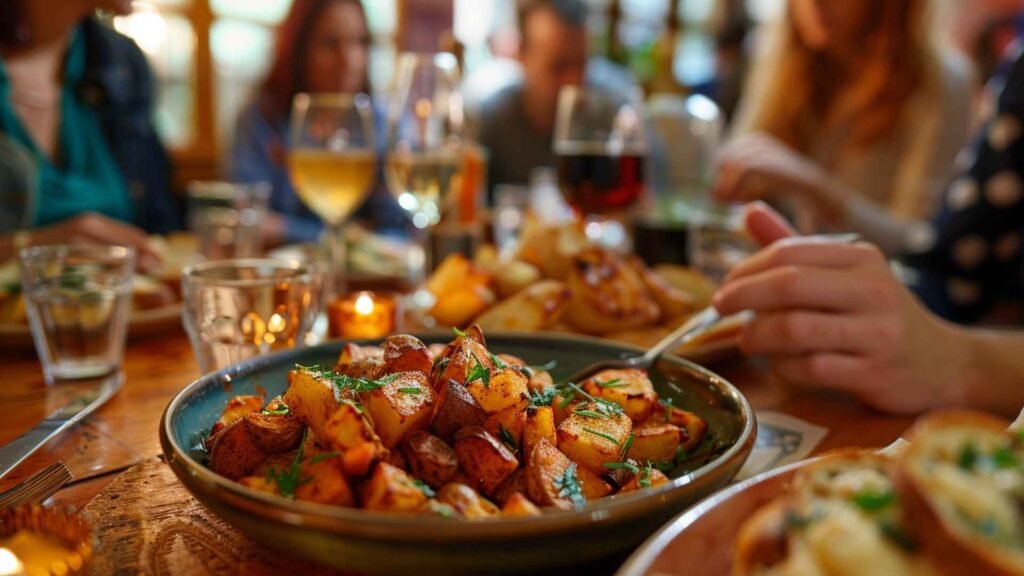 Patatas bravas served in a Barcelona tapas bar with people dining in the background and warm evening lighting