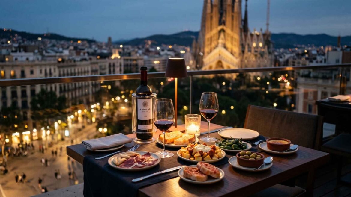 What to Eat in Barcelona : Tapas and wine on a rooftop table with Sagrada Familia in Barcelona