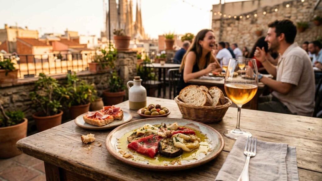 Escalivada served on a rooftop terrace in Barcelona with wine, bread, and a lively tapas atmosphere at golden hour
