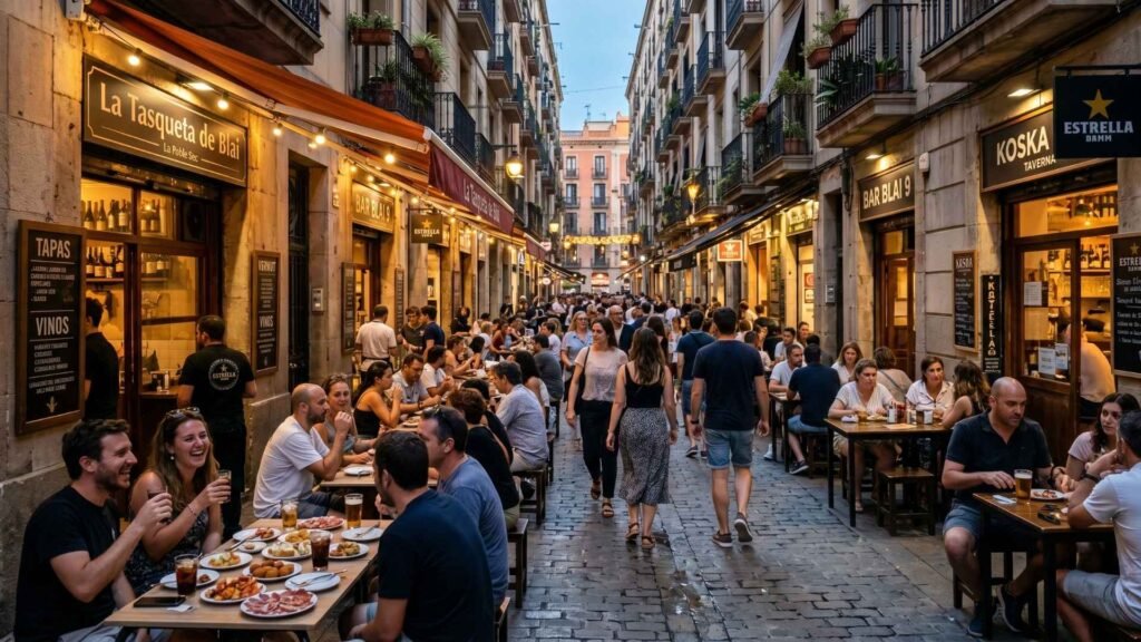 Busy tapas street in Barcelona with people dining outdoors in Poble Sec