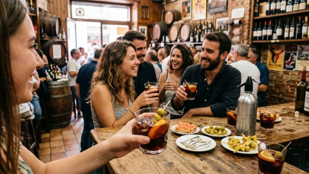 People enjoying vermut with olives and tapas in a lively Barcelona bodega