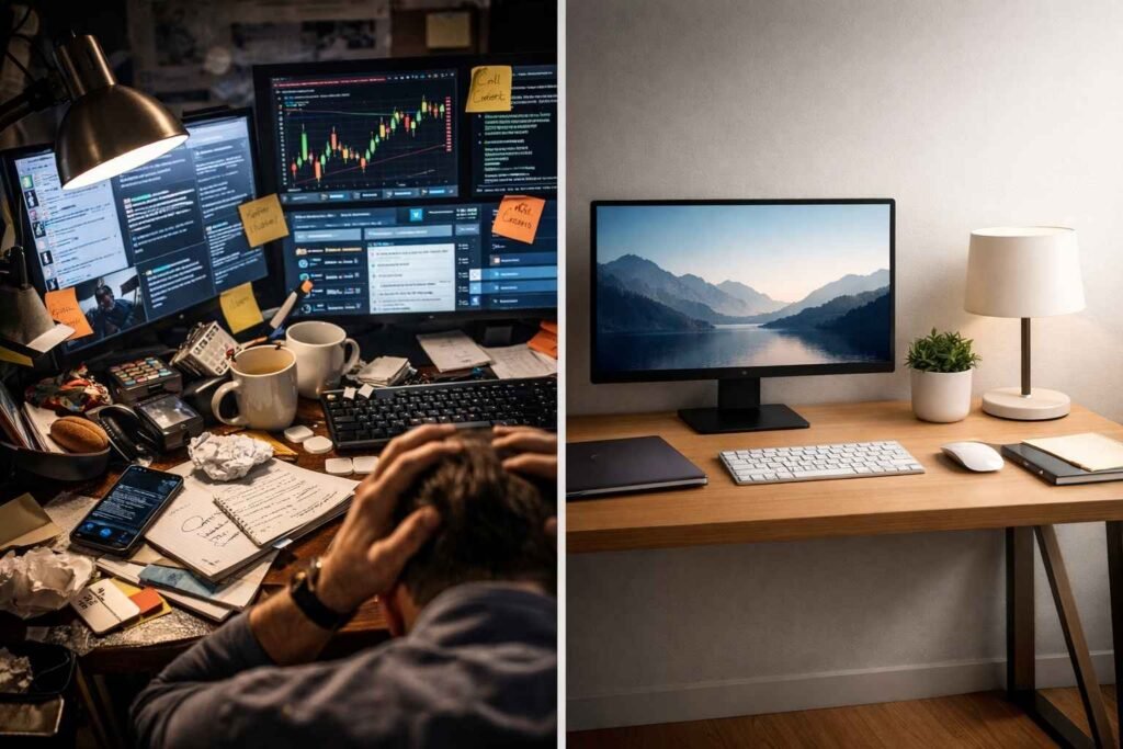 messy digital workspace vs clean minimal desk showing focus improvement and reduced distraction