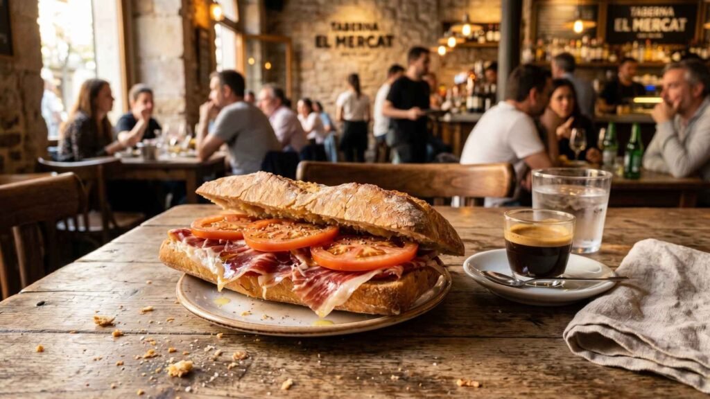 bocadillo sandwich with jamon and tomato served in a barcelona cafe