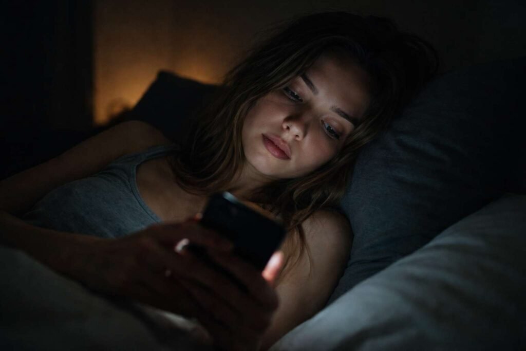 brain fog causes linked to dopamine overload in a young woman using her phone late at night in bed