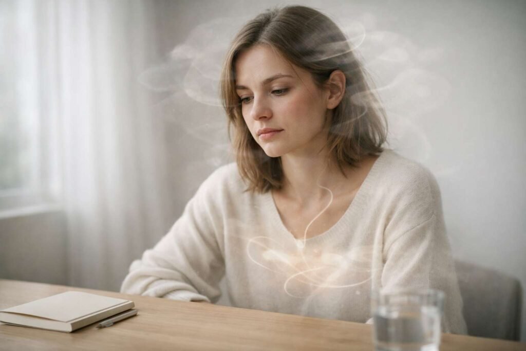 brain fog causes related to hormonal imbalance gut health and internal factors shown through a calm woman with subtle internal overlay