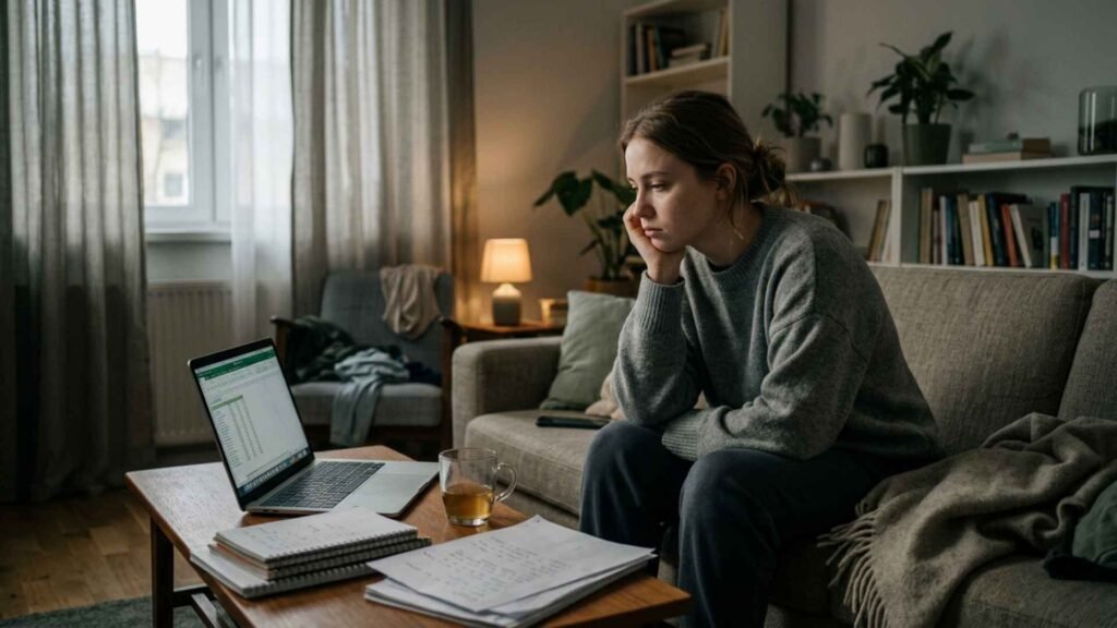 brain fog causes young woman feeling mentally overwhelmed with laptop notes and messy environment