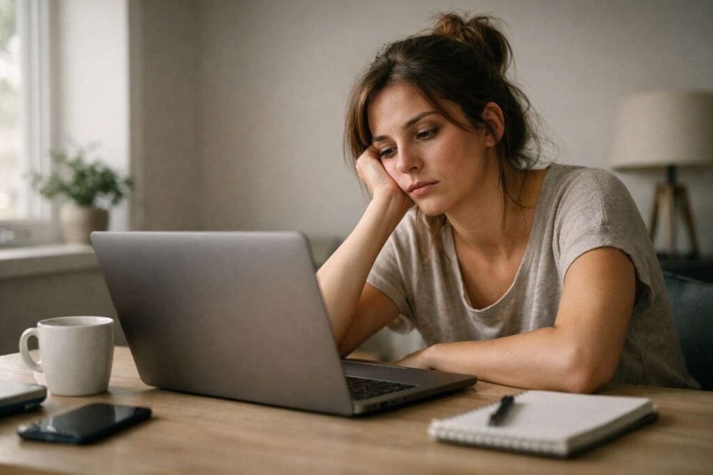 brain fog causes linked to mental overload in a young woman sitting at a desk struggling to focus on her laptop