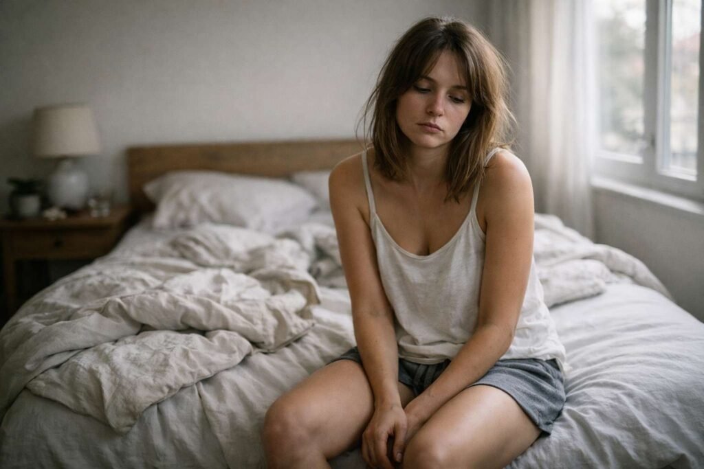 Brain Fog Causes from Poor Sleep – Tired Woman Sitting on Bed in Morning