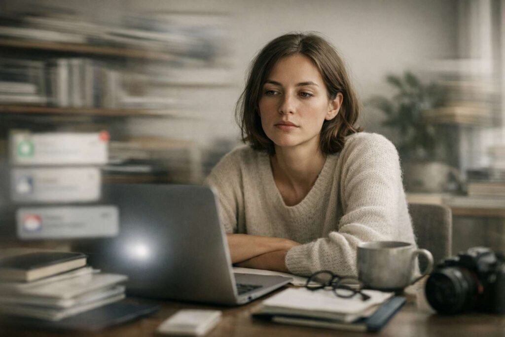 brain fog causes explained by stacking effect showing a young woman overwhelmed by multiple inputs while working