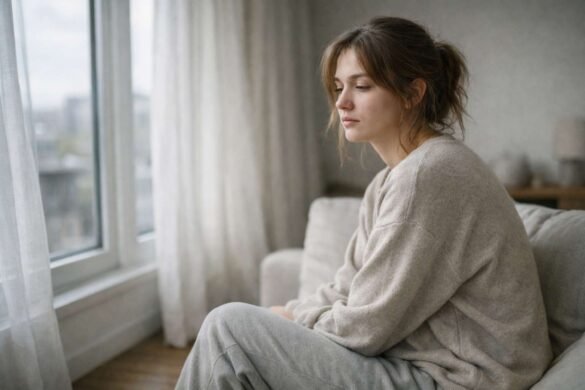 brain fog fix concept woman sitting by window feeling mentally tired and unfocused