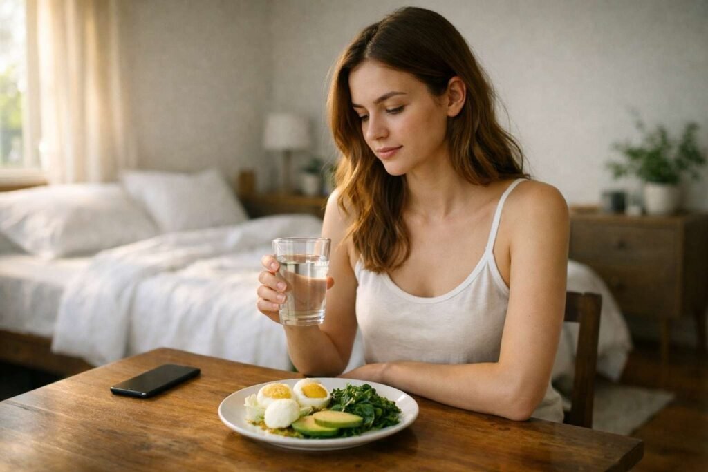 brain fog fix morning routine with hydration, healthy breakfast, and calm lifestyle setup