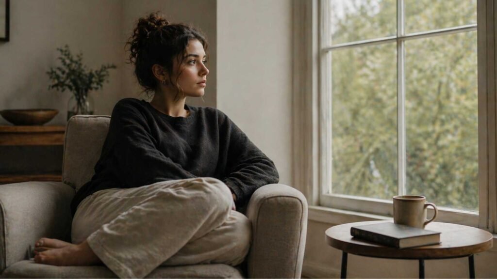 brain fog symptoms woman sitting by window feeling mentally tired and unfocused in soft natural light