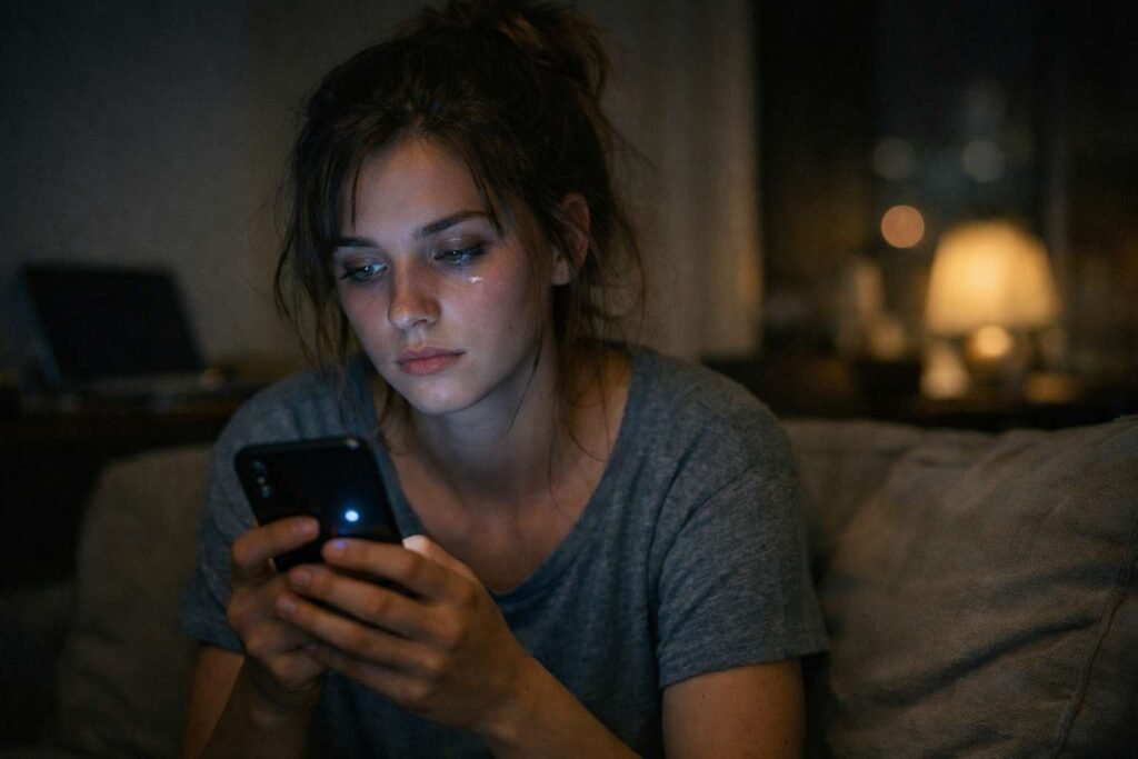 brain fog symptoms young woman feeling mentally tired while using smartphone at night