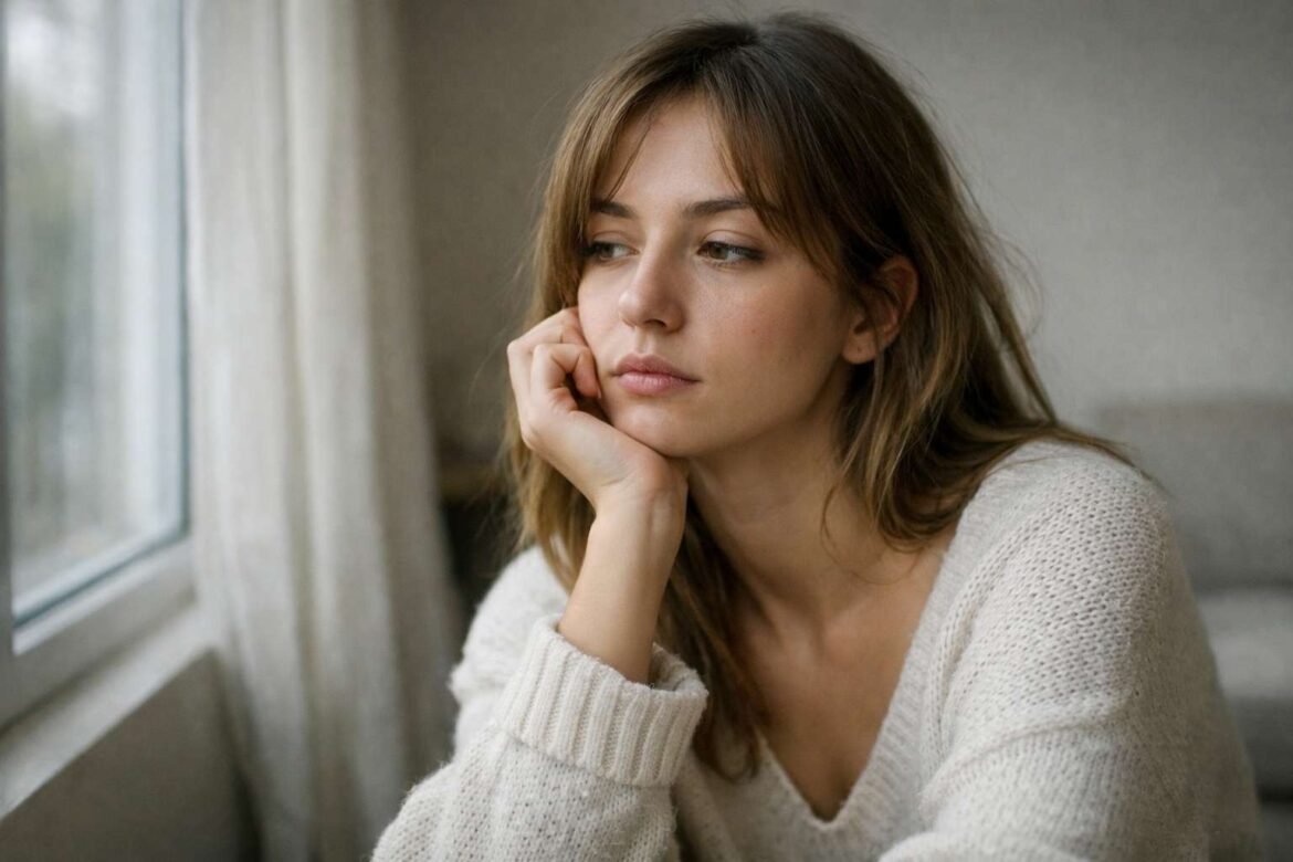 brain fog causes seen in a young woman sitting by window looking mentally fatigued and unfocused