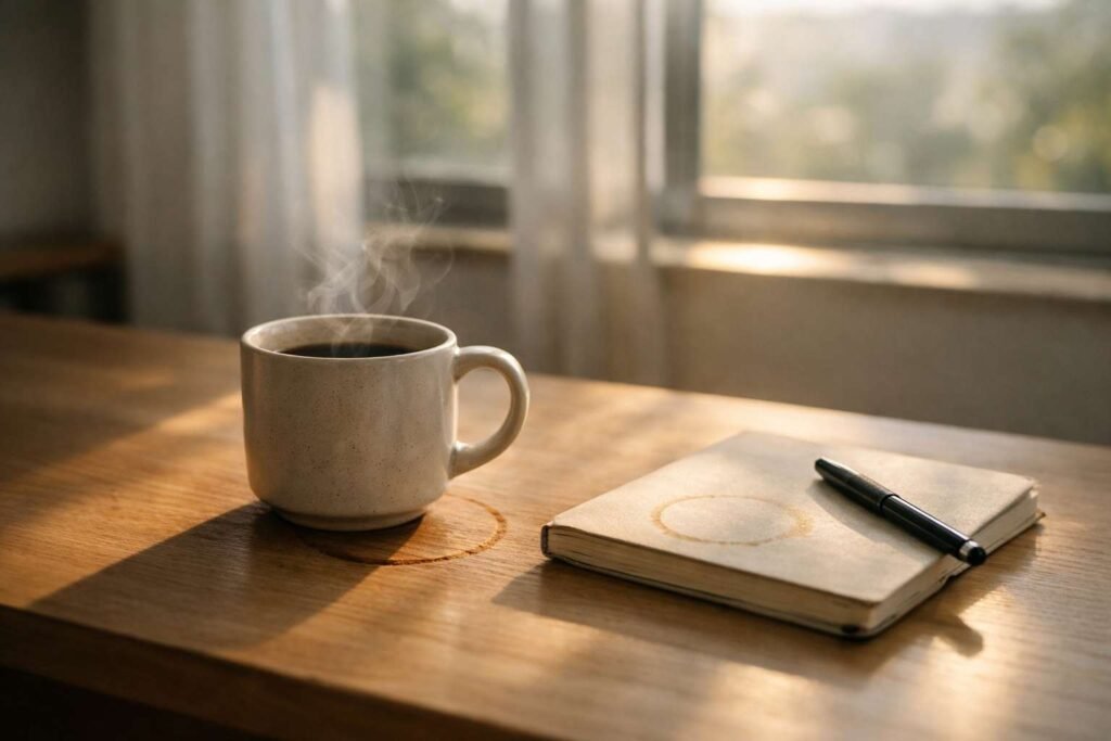 caffeine strategy morning coffee on minimal desk with natural sunlight and steam