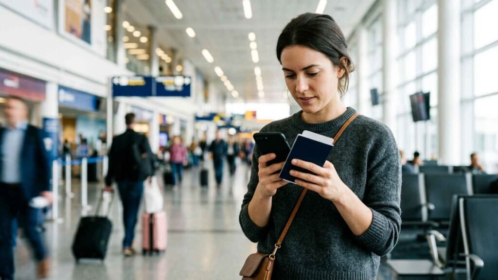 Traveler holding a passport while checking information on a smartphone inside an airport terminal