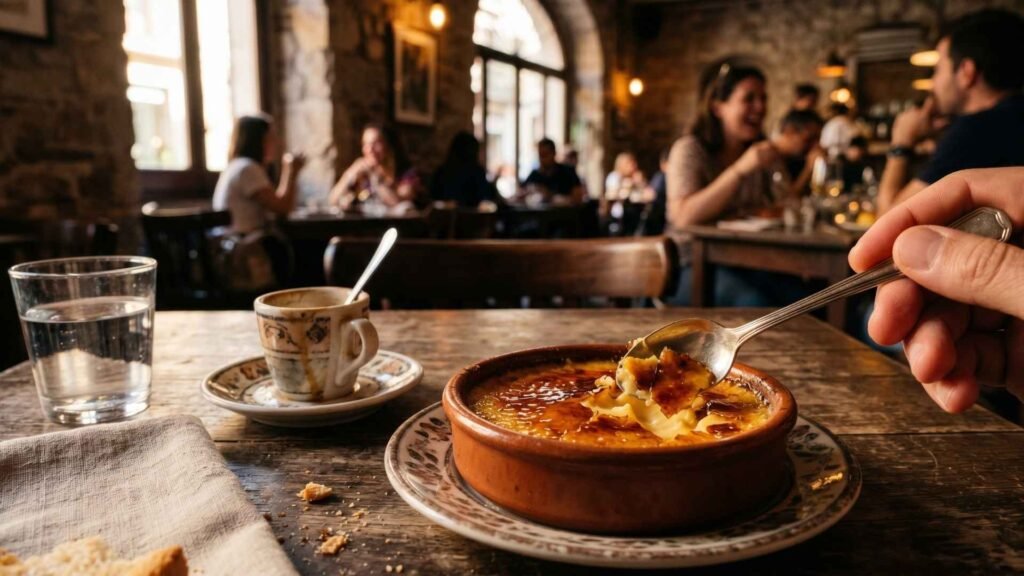 Crema catalana being cracked with a spoon in a Barcelona café with coffee and a lively local atmosphere