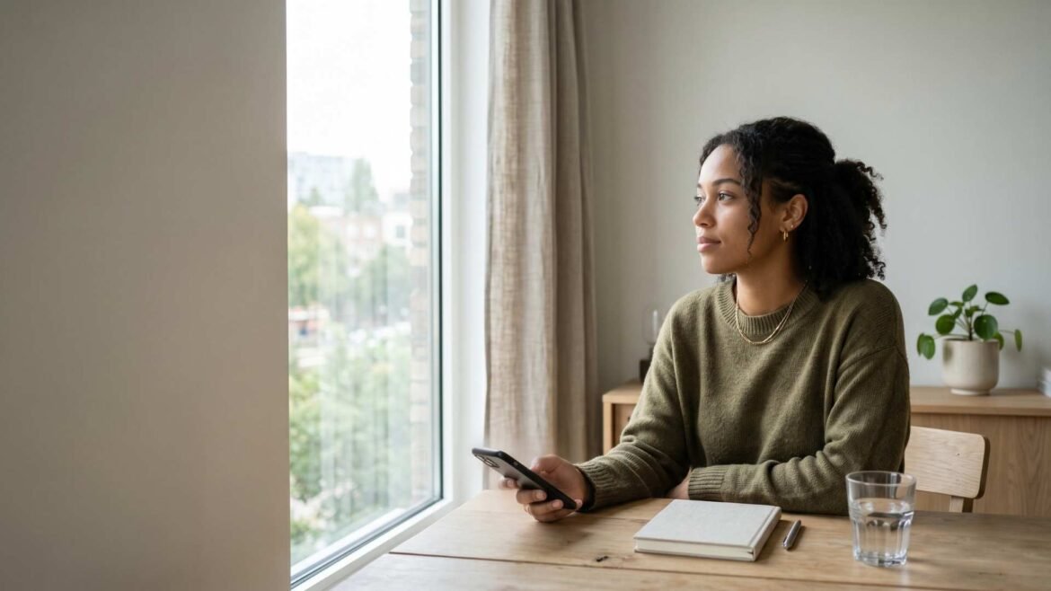 woman holding phone looking outside during a calm mental reset moment digital detox guide