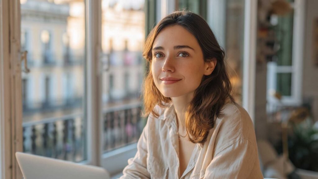 young female digital nomad working remotely on a laptop at home in Spain with natural light