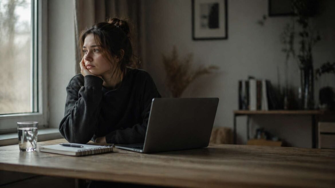 dopamine detox mental fatigue and focus problem, young woman sitting at desk feeling unfocused and mentally overloaded with laptop