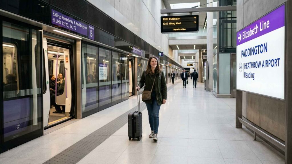 Elizabeth Line Heathrow to central London train platform traveler