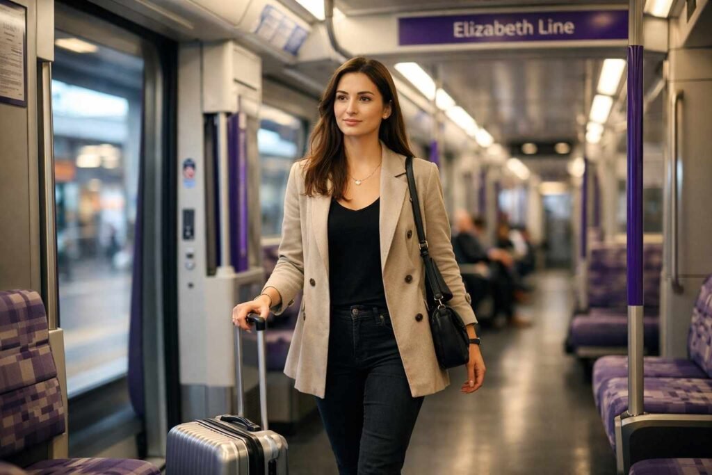 Traveler walking inside Elizabeth Line train in London with suitcase modern interior transport
