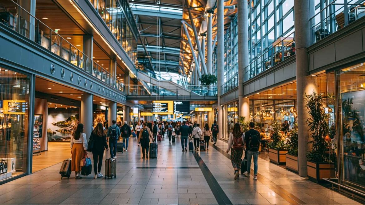 ETIAS Visa Waiver Guide : Travelers walking through a modern European airport terminal with rolling suitcases before ETIAS travel changes