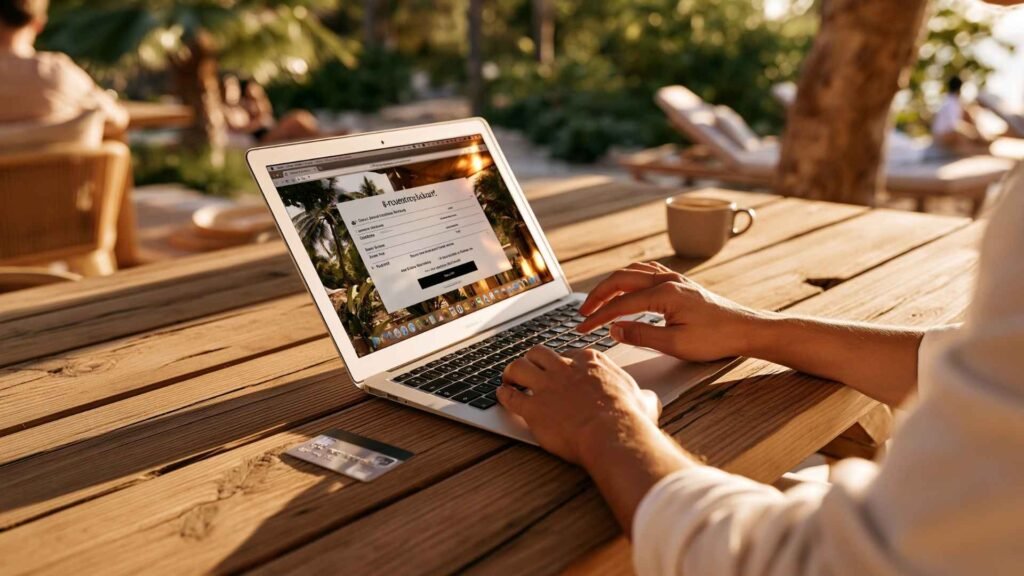 Traveler completing ETIAS payment on laptop with credit card at outdoor cafe