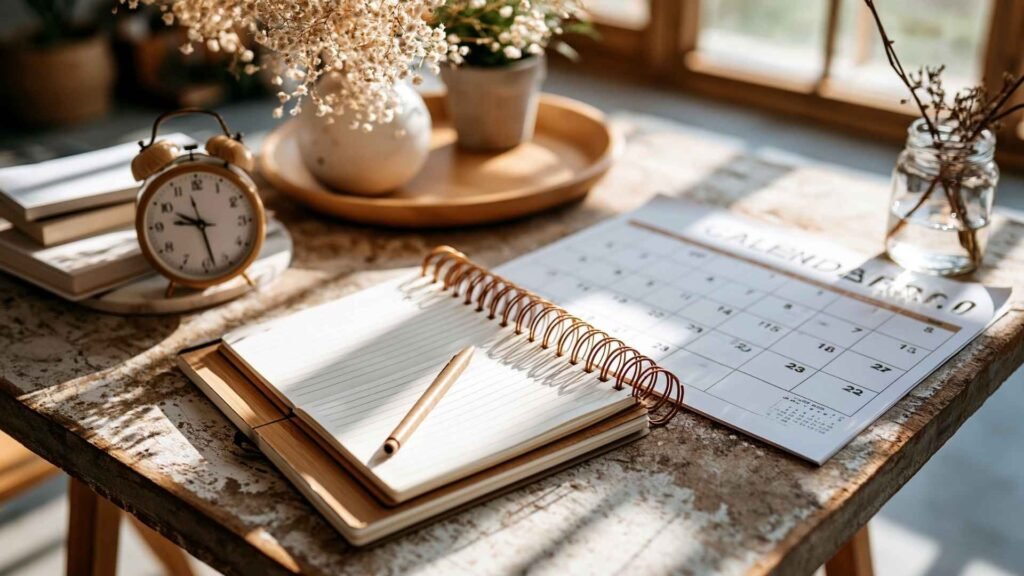 Traveler preparing ETIAS checklist with calendar and notebook before Europe trip