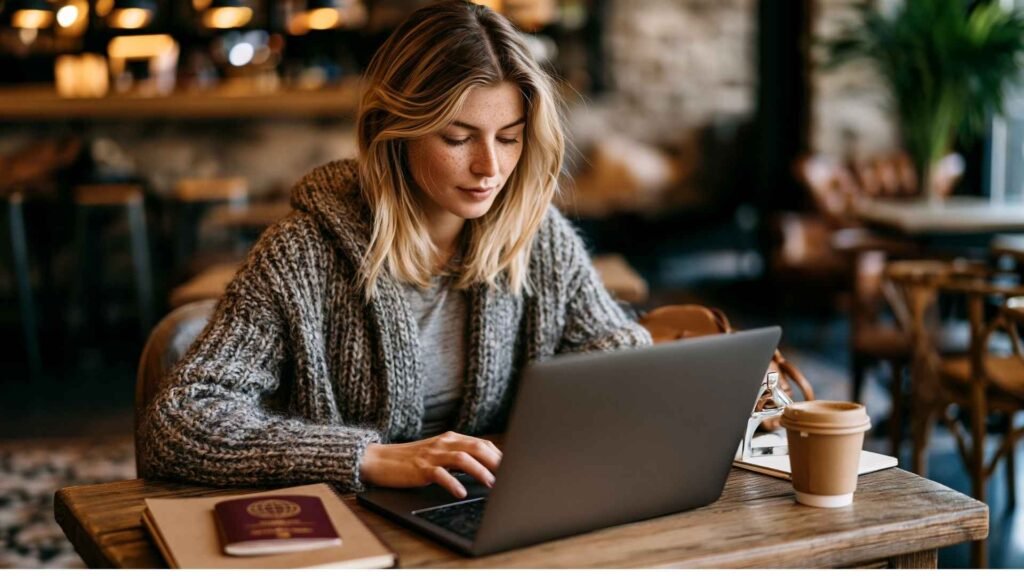 Traveler using a laptop to complete ETIAS travel documents with passport and coffee on a table