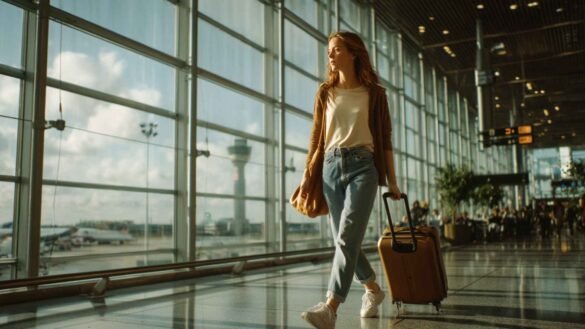 Who Needs ETIAS? : female traveler walking through modern european airport terminal with suitcase and natural sunlight