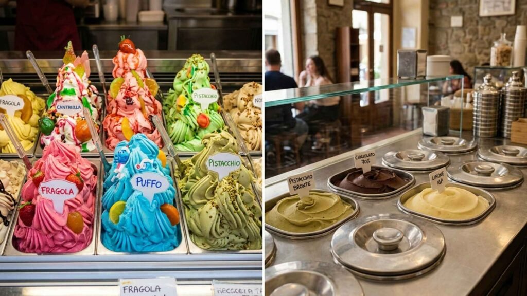 fake gelato vs real italian gelato comparison showing bright artificial colors versus natural gelato in metal containers