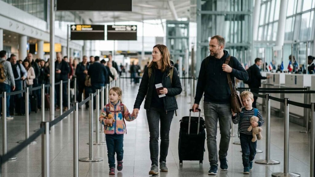 Family with children walking through an airport passport control area with luggage and travel documents