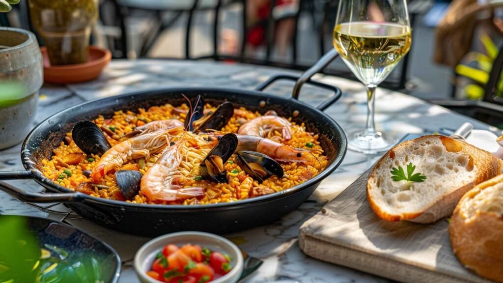 Traditional fideuà seafood dish served in a large pan with allioli sauce and white wine at a Barcelona restaurant