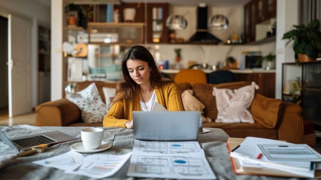 freelancer working from home in Spain using laptop and documents for financial planning and social security