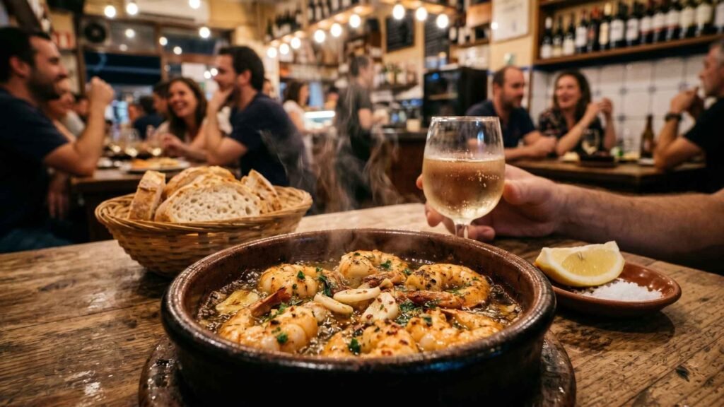 Gambas a la plancha with garlic and olive oil served in a lively Barcelona tapas bar with bread and white wine