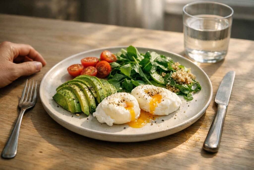 healthy balanced meal with eggs avocado greens and water to prevent energy crashes