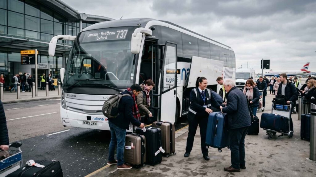 Passengers boarding an airport coach at Heathrow with luggage being loaded by staff