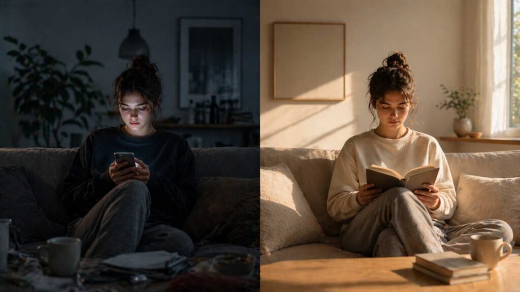 dopamine detox high vs low dopamine activities comparison showing distracted phone use vs focused reading